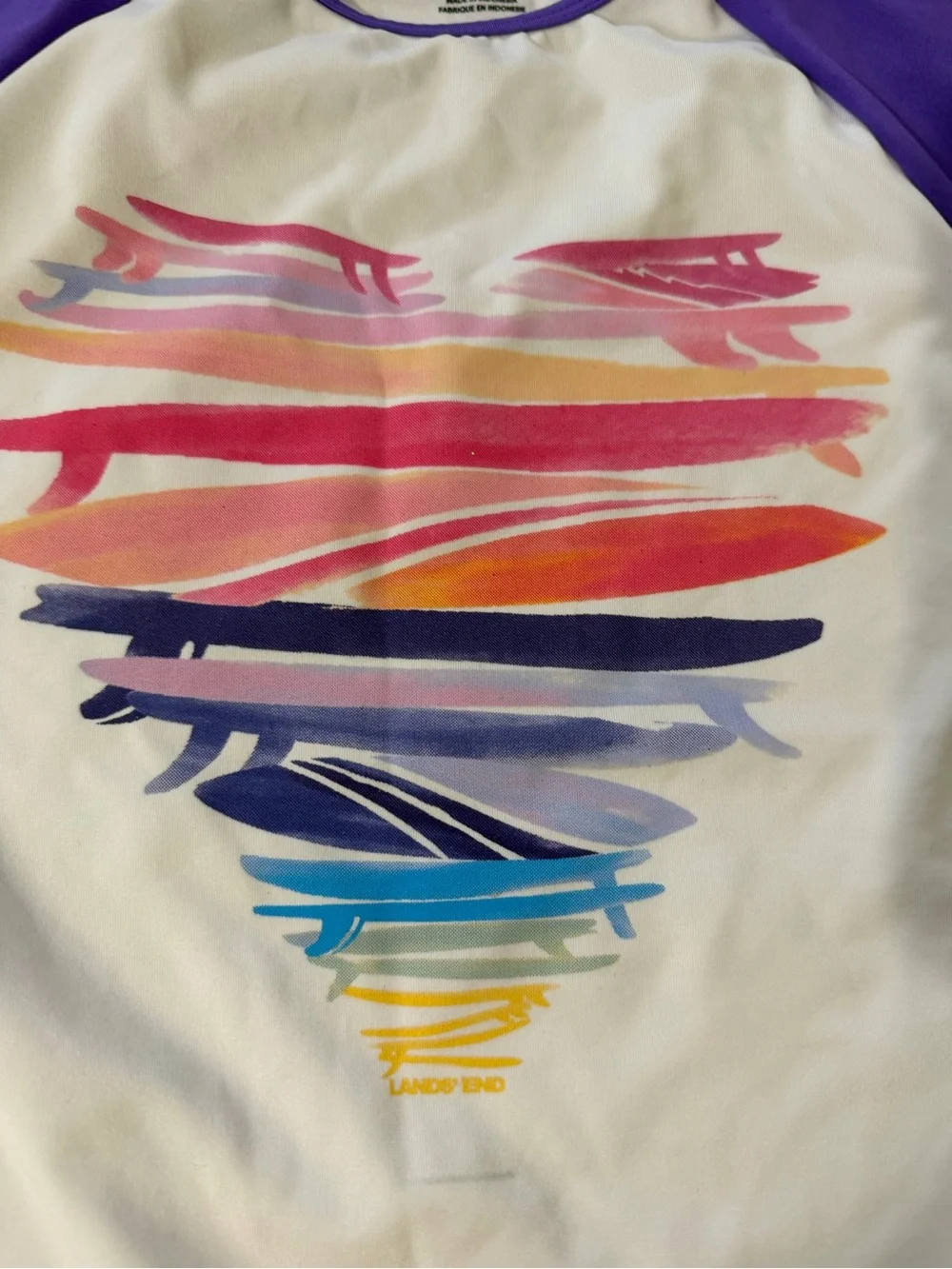 Lands' End White Tee with Purple Raglan Sleeves and Multicolor Heart